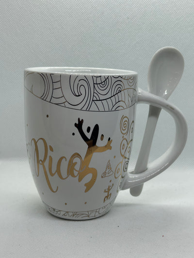 TAZA CON CUCHARA - BLANCO CON LETRAS ORO
