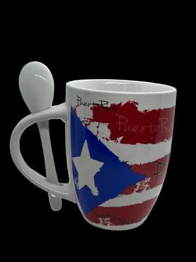 TAZA - BANDERA DE PUERTO RICO CON CUCHARA Y CAJA