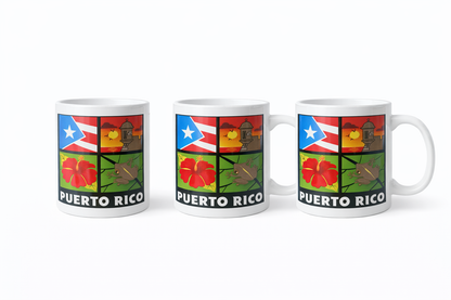 TAZA DE PUERTO RICO CON BANDERA/ GARITA DEL MORRO / FLOR DE MAGA / COQUI -  COFFE MUG OF PUERTO RICO WITH FLAG / GARITA DEL MORRO & COQUI.