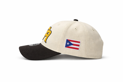 GORRA DE PUERTO RICO - CREMA CON VICERA NEGRA Y LETRAS AMARILLA  - PUERTO RICO CAP BEIGE & BLACK WITH YELLOW LETTERS