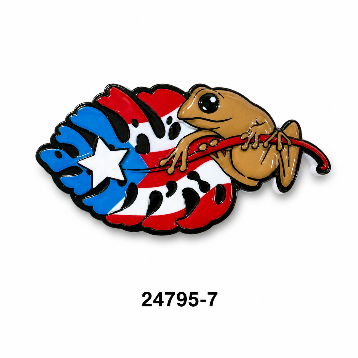 MAGNETO POLYRESINA COQUI EN HOJA CON BANDERA DE PUERTO RICO