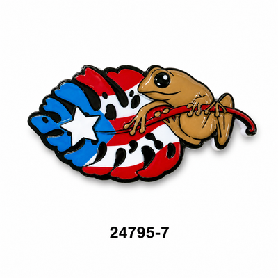 MAGNETO POLYRESINA COQUI EN HOJA CON BANDERA DE PUERTO RICO
