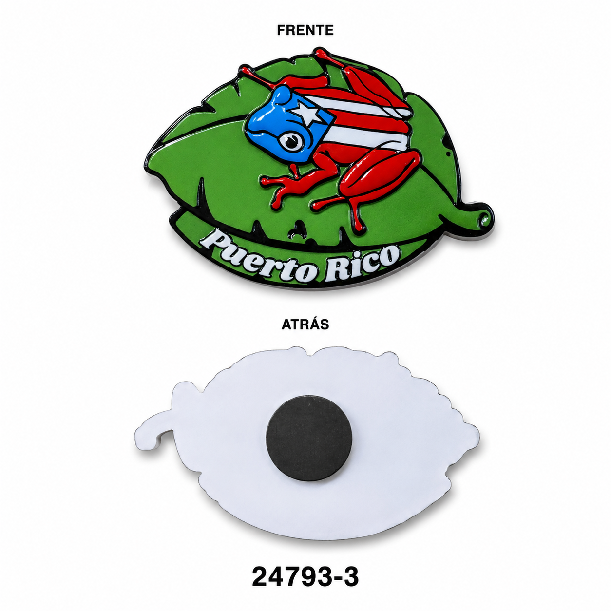 MAGNETO POLYRESINA COQUI EN HOJA CON BANDERA DE PUERTO RICO