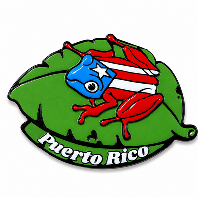 MAGNETO POLYRESINA COQUI EN HOJA CON BANDERA DE PUERTO RICO