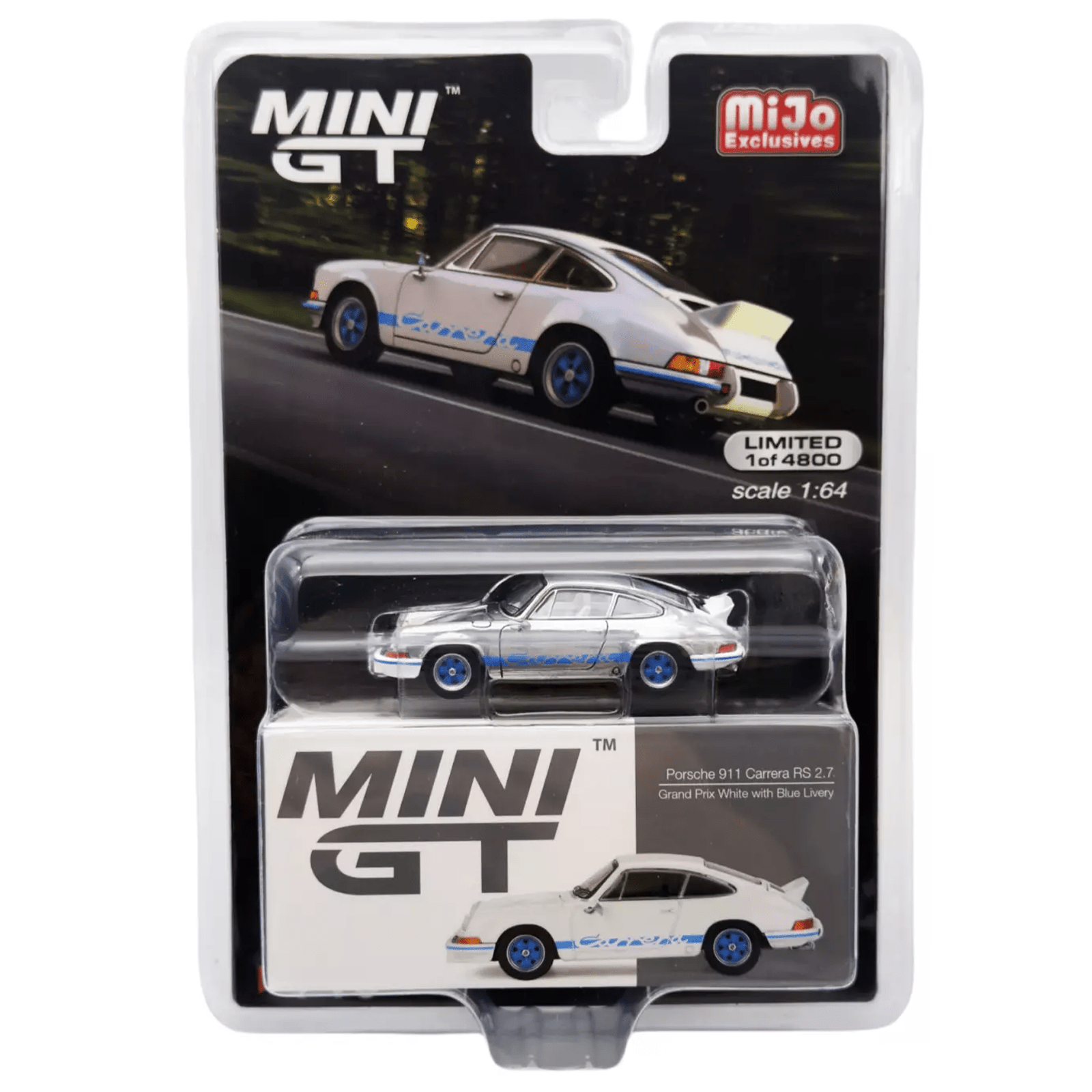 1/64 PORSCHE 911 CARRERA ES 2.7 GRAND PRIX WHITE WITH/BLUE LIVERY (CHASE “RAW”) - MINI GT