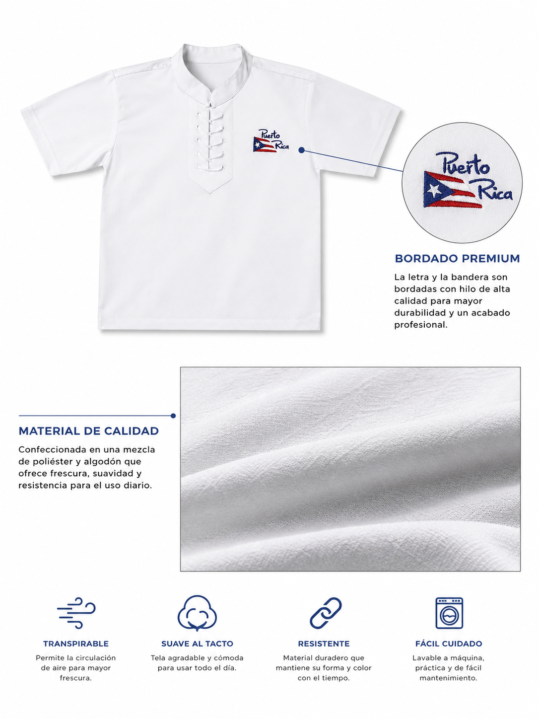 CAMISA BLANCA DE VESTIR DE PUERTO RICO - TAMAÑO DE NIÑO.