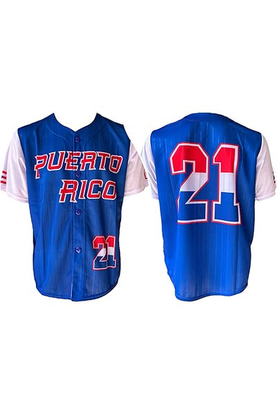 PUERTO RICO BLUE BASEBALL JERSEY ADULT - JERSEY DE PELOTA AZUL DE PUERTO RICO #21 ROBERTO CLEMENTE
