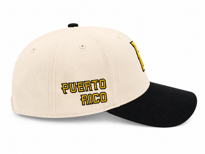 GORRA DE PUERTO RICO - CREMA CON VICERA NEGRA Y LETRAS AMARILLA  - PUERTO RICO CAP BEIGE & BLACK WITH YELLOW LETTERS