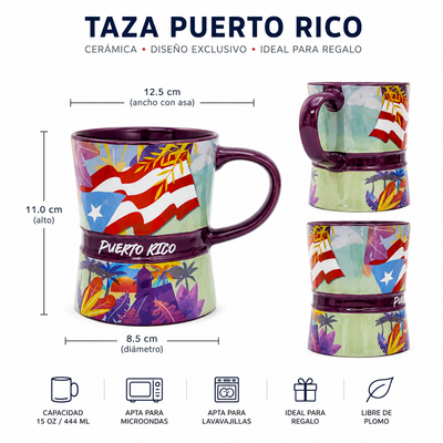 TAZA GRECA/ GARITA VIOLETA Y BANDERA DE PUERTO RICO