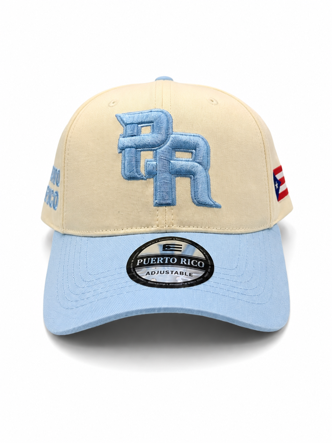 GORRA DE PUERTO RICO - CREMA CON VICERA Y LETRAS AZUL CLARO   - PUERTO RICO CAP BEIGE WITH BABY BLUE VICER AND LETTERS.