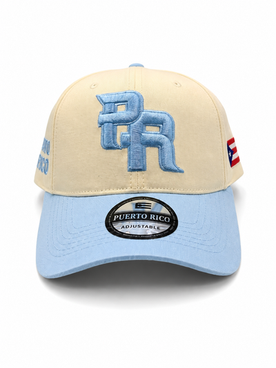 GORRA DE PUERTO RICO - CREMA CON VICERA Y LETRAS AZUL CLARO   - PUERTO RICO CAP BEIGE WITH BABY BLUE VICER AND LETTERS.