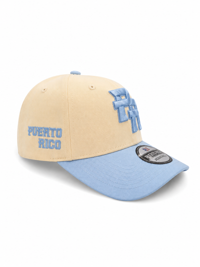 GORRA DE PUERTO RICO - CREMA CON VICERA Y LETRAS AZUL CLARO   - PUERTO RICO CAP BEIGE WITH BABY BLUE VICER AND LETTERS.