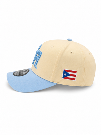GORRA DE PUERTO RICO - CREMA CON VICERA Y LETRAS AZUL CLARO   - PUERTO RICO CAP BEIGE WITH BABY BLUE VICER AND LETTERS.