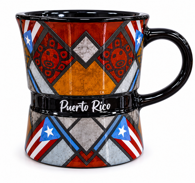 TAZA  GRECA/ NEGRA SOL TAINO Y BANDERA DE PUERTO RICO
