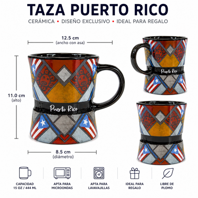 TAZA  GRECA/ NEGRA SOL TAINO Y BANDERA DE PUERTO RICO