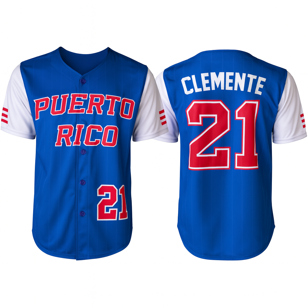 PUERTO RICO BLUE BASEBALL JERSEY KID SIZE - JERSEY DE PELOTA AZUL DE PUERTO RICO #21 ROBERTO CLEMENTE TAMAÑO DE NIÑO
