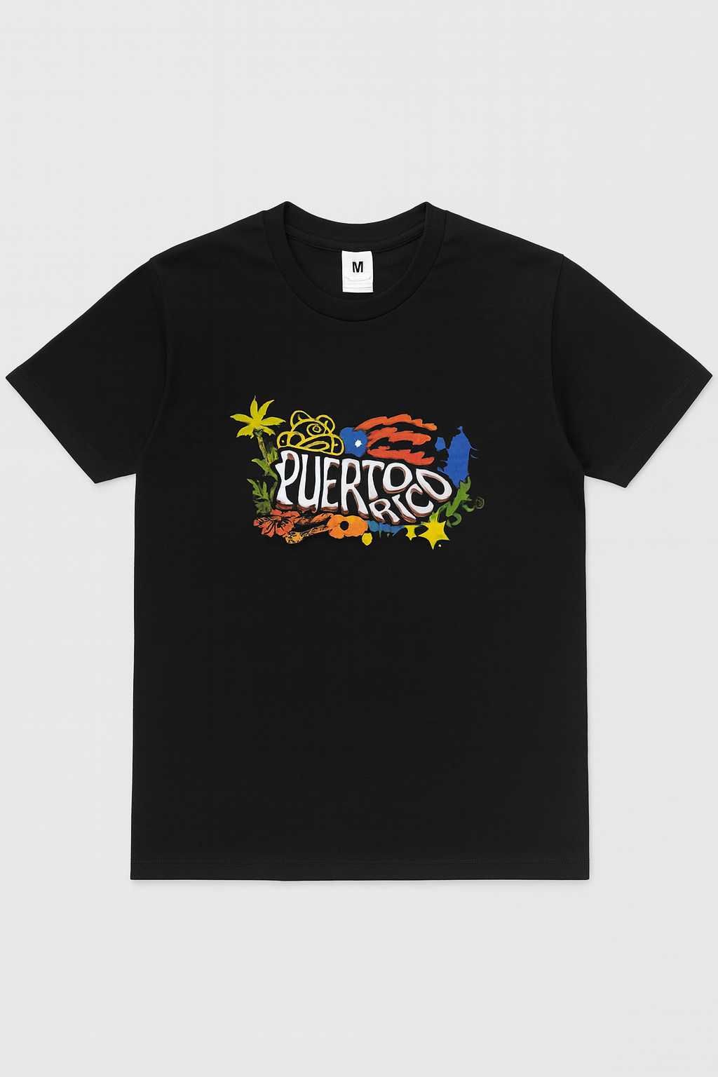 T-SHIRT DE PUERTO RICO CON SIMBOLOS TAINOS, INSTRUMENTOS MUSICALES Y BANDERA.