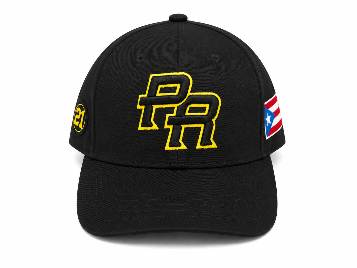 GORRA DE PUERTO RICO NEGRA CON VICERA NEGRA Y LETRAS NEGRAS CON BORDE DE LETRA AMARILLO - PUERTO RICO BLACK CAP  & BLACK VICER WITH BLACK LETTERS & YELLOW OUTLINE LETTERS
