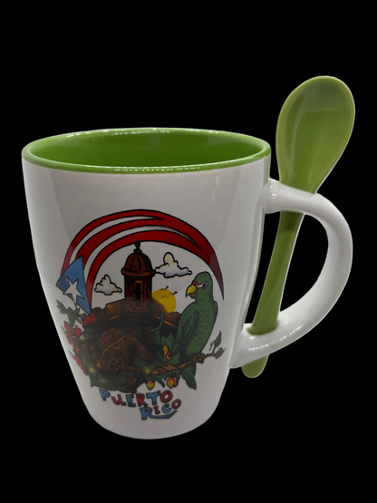 TAZA BLANCA CON CUCHARA / DISEÑO DE PUERTO RICO