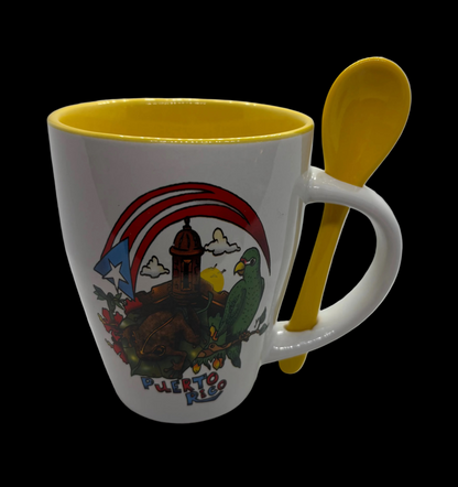 TAZA BLANCA CON CUCHARA / DISEÑO DE PUERTO RICO