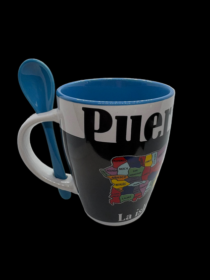 TAZA BLANCA CON CUCHARA / DISEÑO DE MAPA CON PUEBLOS
