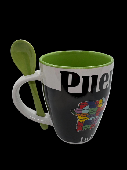 TAZA BLANCA CON CUCHARA / DISEÑO DE MAPA CON PUEBLOS