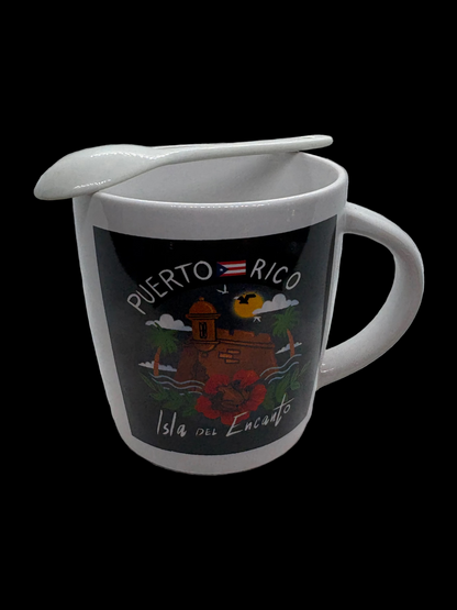 TAZA CON CUCHARA GARITA DEL MORRO, FLOR DE MAGA, COQUI Y BANDERA DE PUERTO RICO