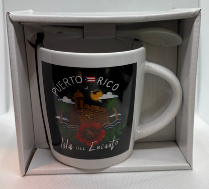 TAZA CON CUCHARA GARITA DEL MORRO, FLOR DE MAGA, COQUI Y BANDERA DE PUERTO RICO