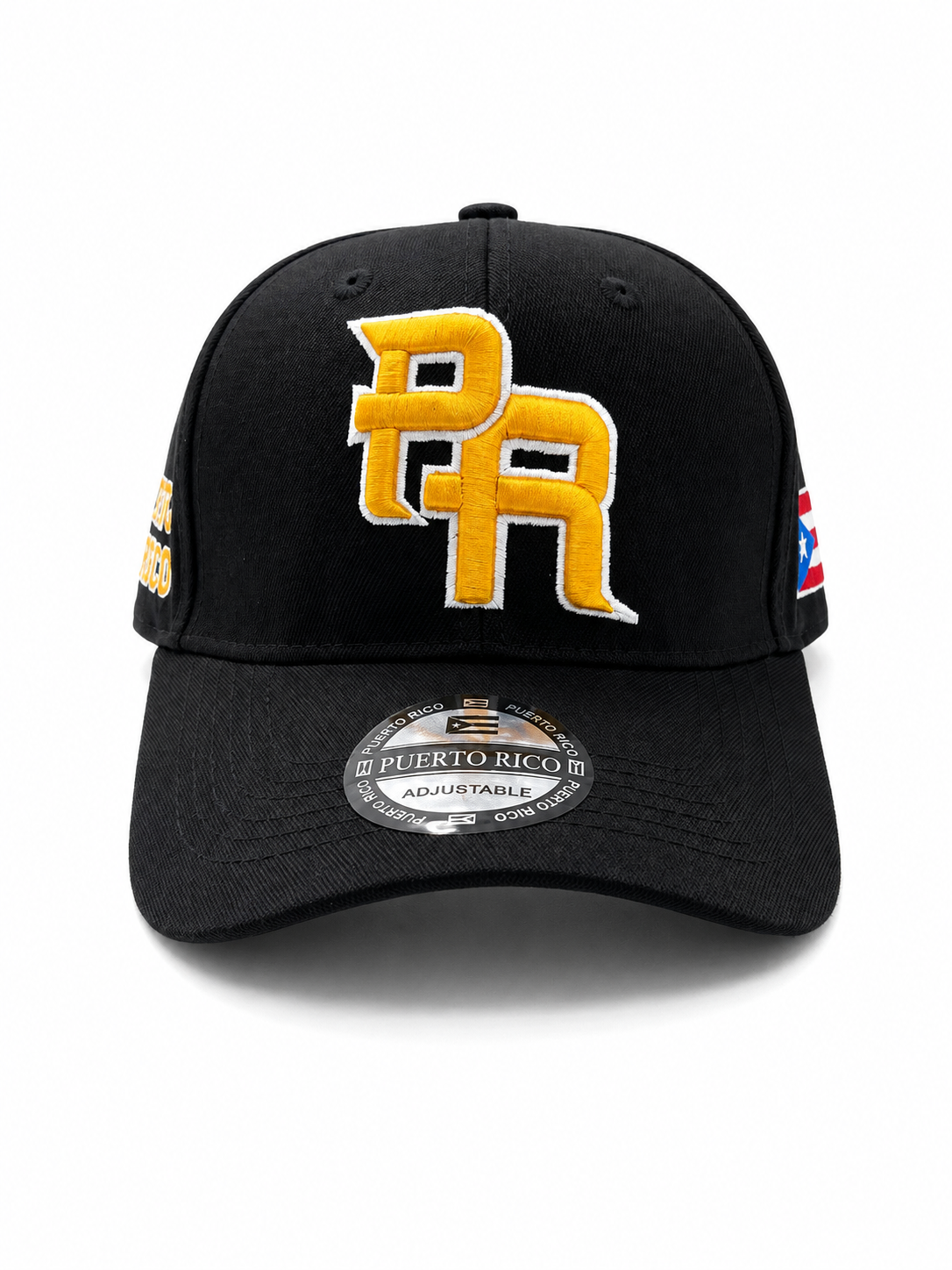 GORRA DE PUERTO RICO - NEGRA  Y LETRAS AMARILLAS CON BORDE DE LETRA BLANCO - PUERTO RICO CAP BLACK WITH YELLOW LETTERS & WHITE OUTLINE LETTERS