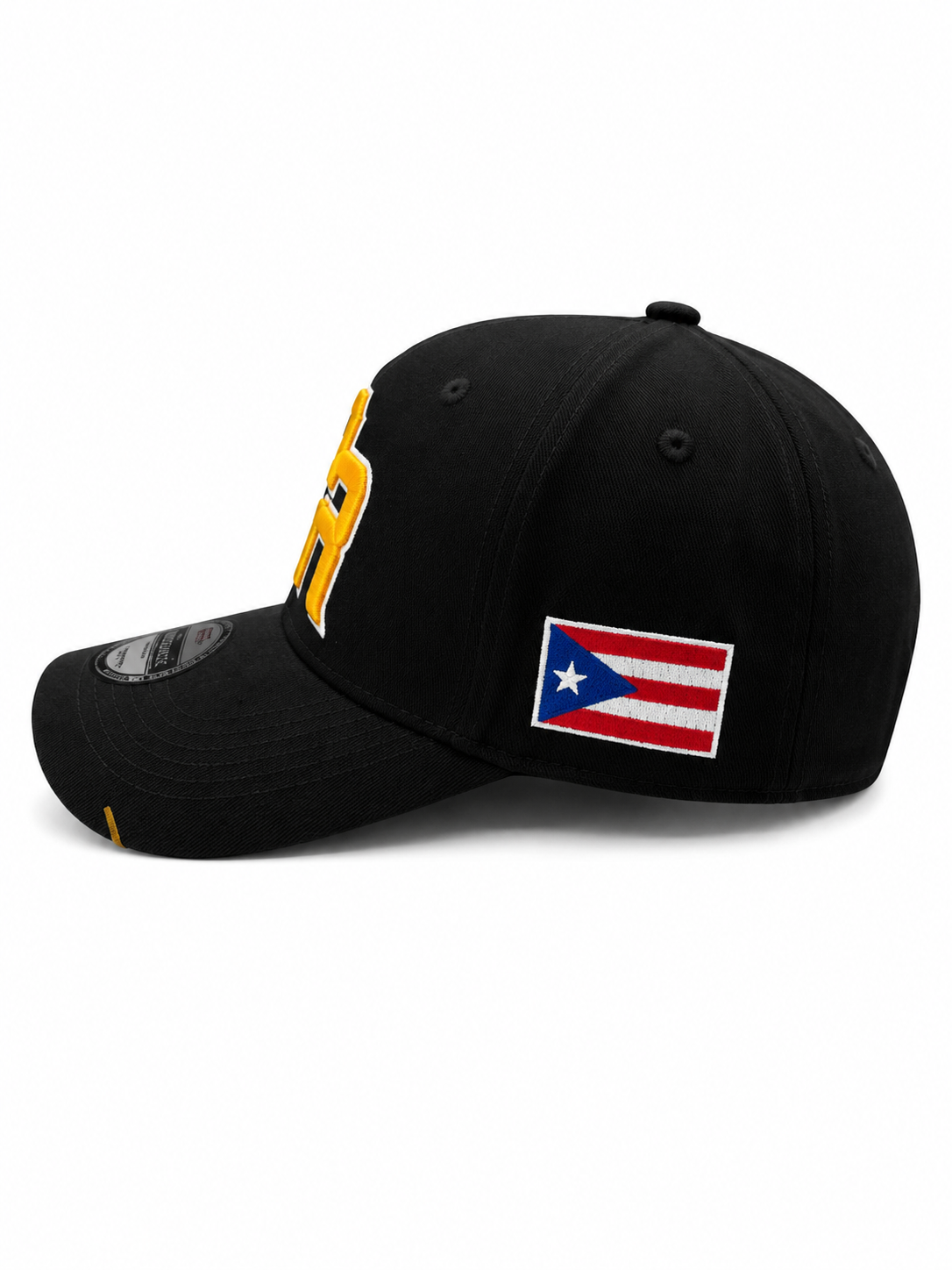 GORRA DE PUERTO RICO - NEGRA  Y LETRAS AMARILLAS CON BORDE DE LETRA BLANCO - PUERTO RICO CAP BLACK WITH YELLOW LETTERS & WHITE OUTLINE LETTERS