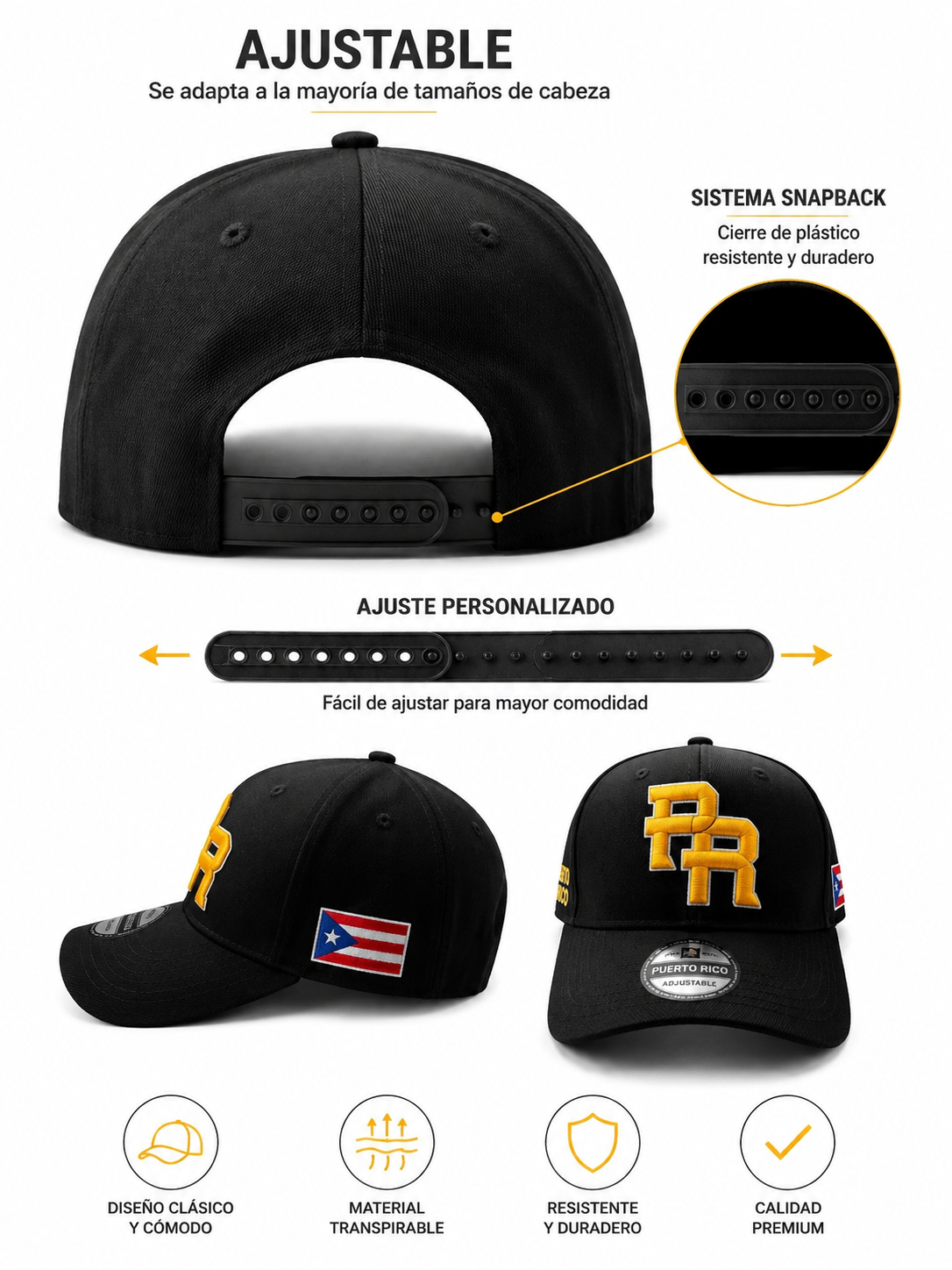 GORRA DE PUERTO RICO - NEGRA  Y LETRAS AMARILLAS CON BORDE DE LETRA BLANCO - PUERTO RICO CAP BLACK WITH YELLOW LETTERS & WHITE OUTLINE LETTERS