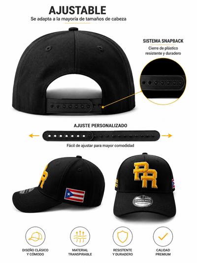 GORRA DE PUERTO RICO - NEGRA  Y LETRAS AMARILLAS CON BORDE DE LETRA BLANCO - PUERTO RICO CAP BLACK WITH YELLOW LETTERS & WHITE OUTLINE LETTERS