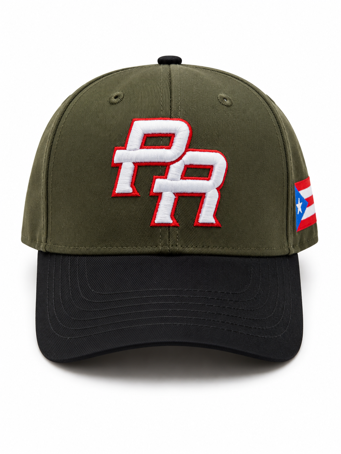 GORRA DE PUERTO RICO - VERDE OLIVA / MILITAR  CON LETRAS BLANCAS  CON BORDE ROJO  - PUERTO RICO CAP OLIVE / MILITARY GREEN  WITH WHITE  LETTERS & RED OUTLINE LETTERS