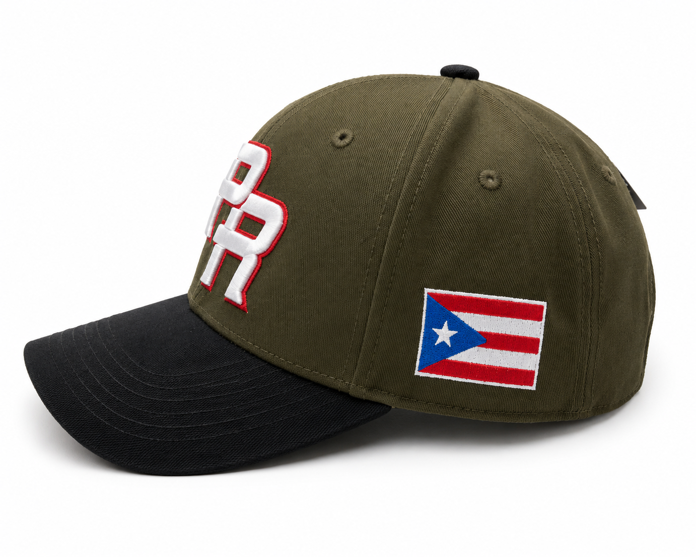 GORRA DE PUERTO RICO - VERDE OLIVA / MILITAR  CON LETRAS BLANCAS  CON BORDE ROJO  - PUERTO RICO CAP OLIVE / MILITARY GREEN  WITH WHITE  LETTERS & RED OUTLINE LETTERS