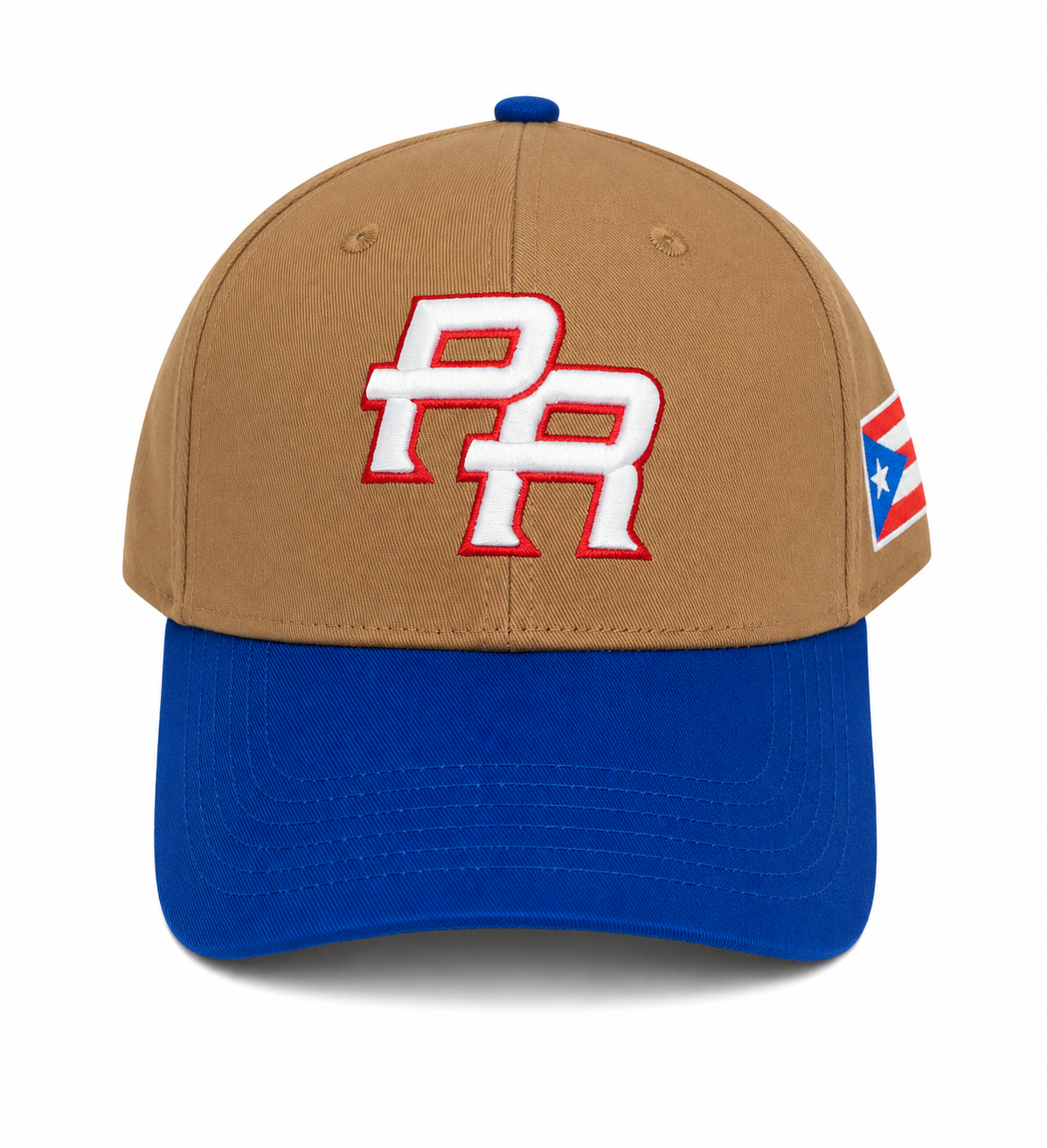 GORRA DE PUERTO RICO MARRON CON VICERA AZUL ROYAL  Y LETRAS BLANCA CON BORDE DE LETRA ROJO - PUERTO RICO BROWN CAP  & BLUE VICER WITH WHITE LETTERS & RED OUTLINE LETTERS