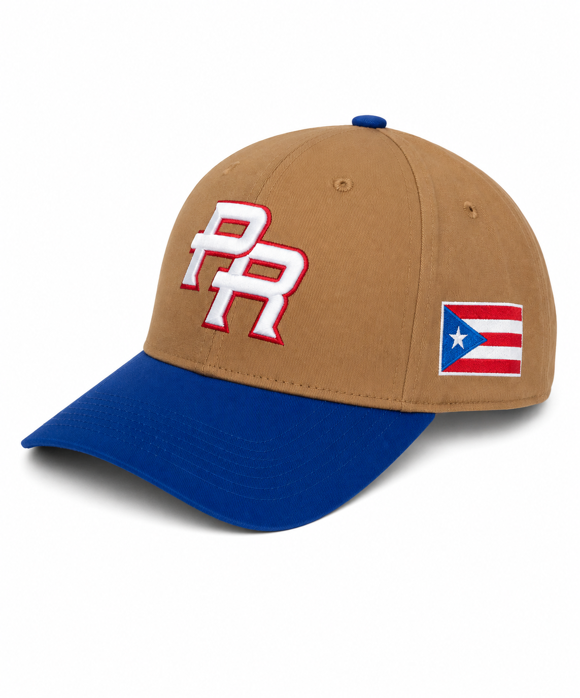 GORRA DE PUERTO RICO MARRON CON VICERA AZUL ROYAL  Y LETRAS BLANCA CON BORDE DE LETRA ROJO - PUERTO RICO BROWN CAP  & BLUE VICER WITH WHITE LETTERS & RED OUTLINE LETTERS