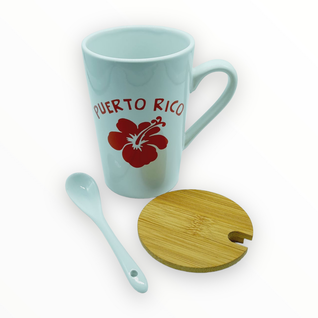 TAZA DE PUERTO RICO CON CUCHARA Y TAPA DE MADERA