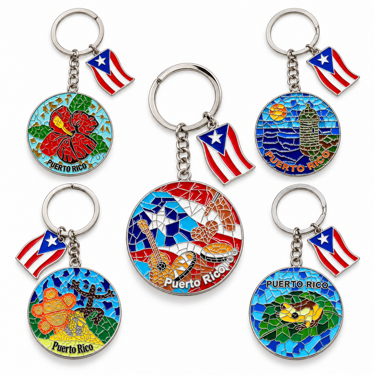 LLAVEROS DE METAL CON DISEÑO EN MOSAICOS  DE PUERTO RICO- KEYCHAIN PUERTO RICO MOSAICOS