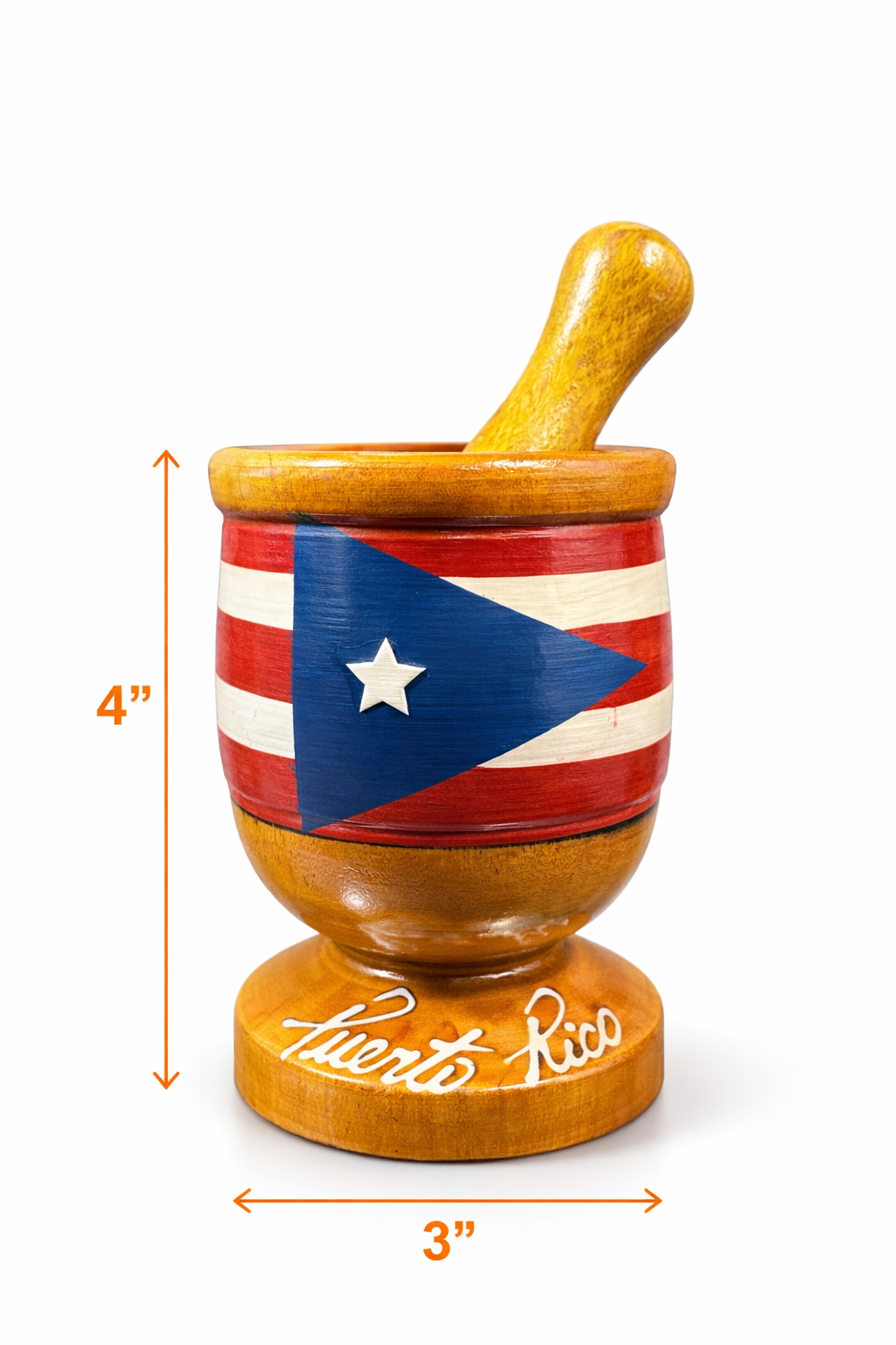 PILON DE MADERA CON BANDERA. DE PUERTO RICO 4” - WOODEN PILON PAINTED PUERTO RICO FLAG 4”