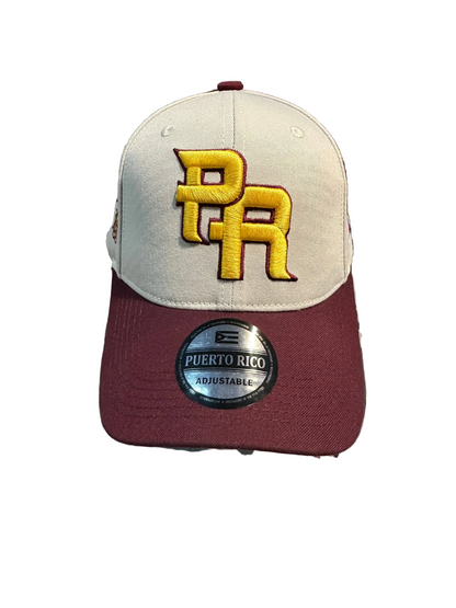 GORRA DE PUERTO RICO - BEIGE CON COLOR VINO CON LETRA AMARILLA
