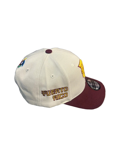 GORRA DE PUERTO RICO - BEIGE CON COLOR VINO CON LETRA AMARILLA