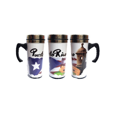 Tazas de viaje de acero inoxidable con asa y diseño de la bandera de Puerto Rico
