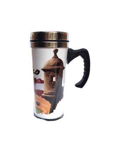 Tazas de viaje de acero inoxidable con asa y diseño de la bandera de Puerto Rico