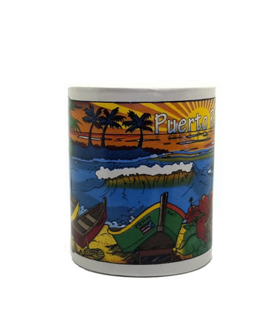 Taza de cerámica brillante con diseño de garita y playa de Puerto Rico
