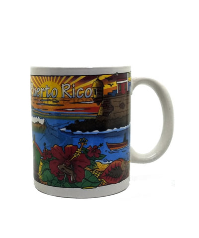 Taza de cerámica brillante con diseño de garita y playa de Puerto Rico