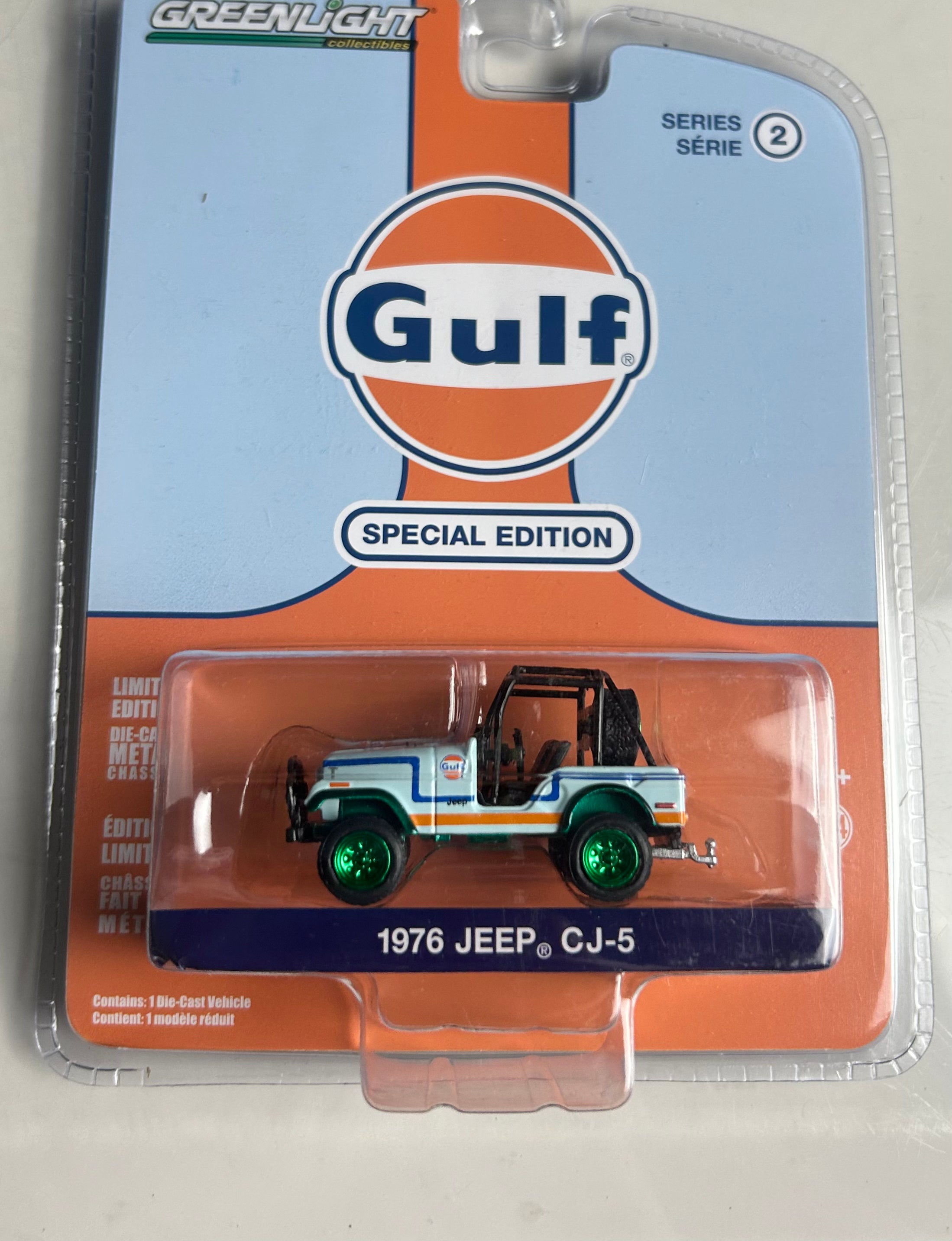1/64 1976 JEEP CJ-5 - GULF (SPECIAL EDITION) "CHASE" (GREEN RIMS VARIATION)