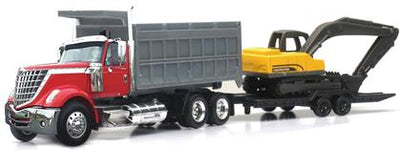 CAMIÓN VOLQUETE Y EXCAVADORA INTERNATIONAL LONESTAR CON REMOLQUE DE PLATAFORMA - CAMIONERO DE LARGA DISTANCIA 