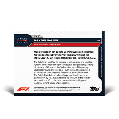 TARJETA COLECCIONABLE DE FÓRMULA 1 N.° 14 DE MAX VERSTAPEN DE TOPPS NOW 2024