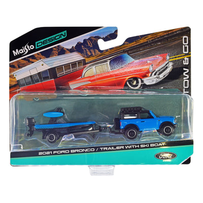 1/64 MAISTO 2021 FORD BRONCO / REMOLQUE CON LANCHA PARA ESQUÍ - REMOLQUE Y DESPLAZAMIENTO