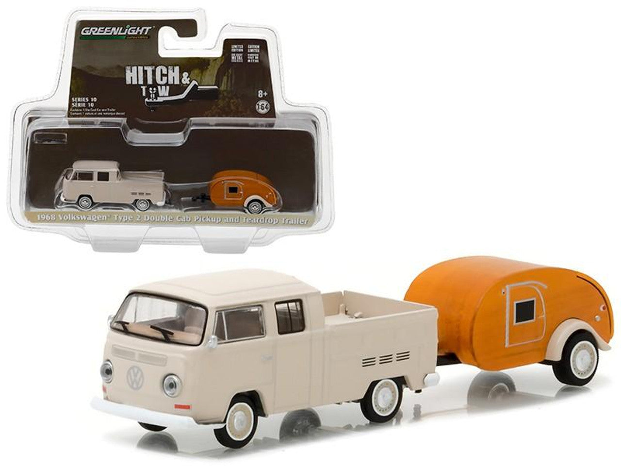 1/64 1968 VOLKSWAGEN TYPE 2 DOUBLE CAB PICKUP AND TEARDROP TRAILER - HITCH & TOW